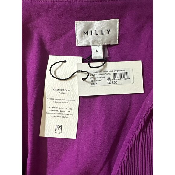 Women Milly Ryan A-Line Chiffon Dress Size 6 M Fuchsia Hem Ruffle V-Neck Layered - Picture 15 of 16